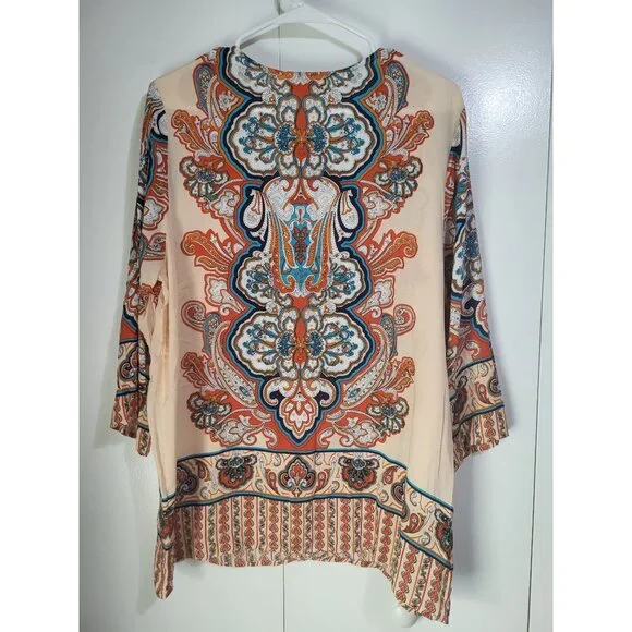 Lucy & Laurel Tunic Blouse Women's SZ L Boho Multicolored Paisley 3/4 Sleeve - Picture 2 of 7